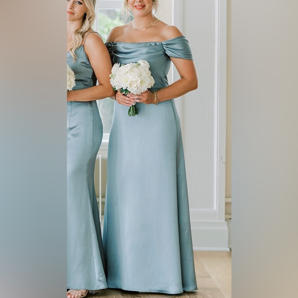 Bridesmaid Dress - Amsale Daphne Off Shoulder Satin Gown in Jade - Fluid Satin
